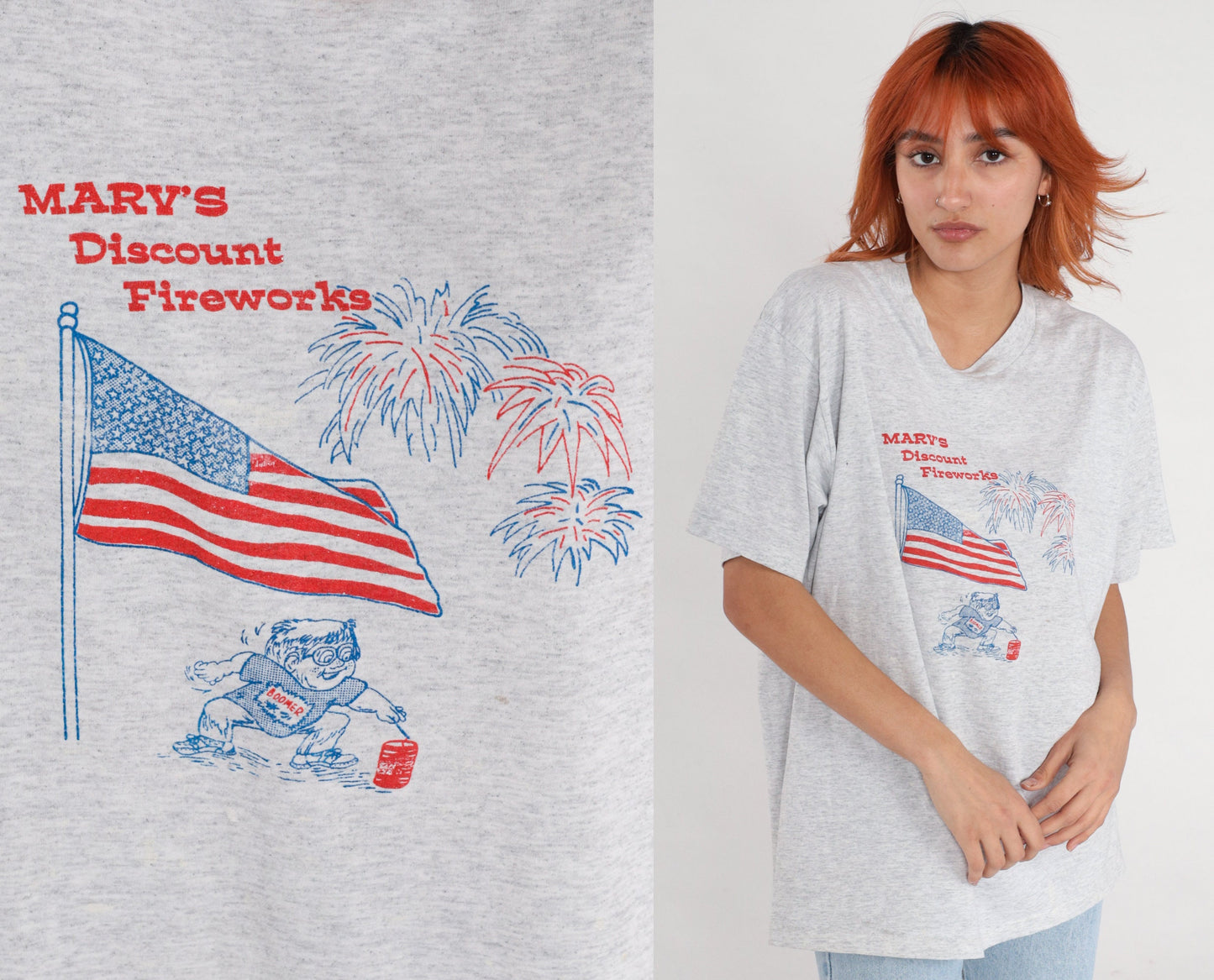 90s Marv's Discount Fireworks American Flag Graphic T-Shirt Grey Large
