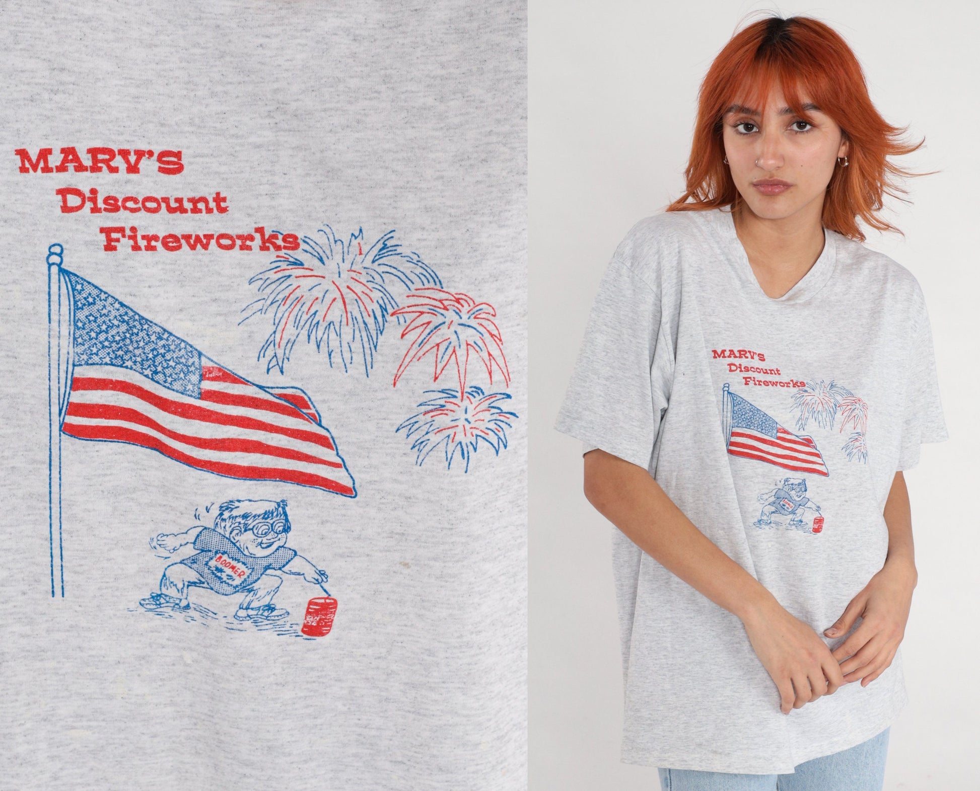 90s Marv's Discount Fireworks American Flag Graphic T-Shirt Grey Large