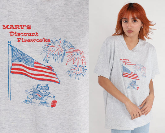90s Marv's Discount Fireworks American Flag Graphic T-Shirt Grey Large