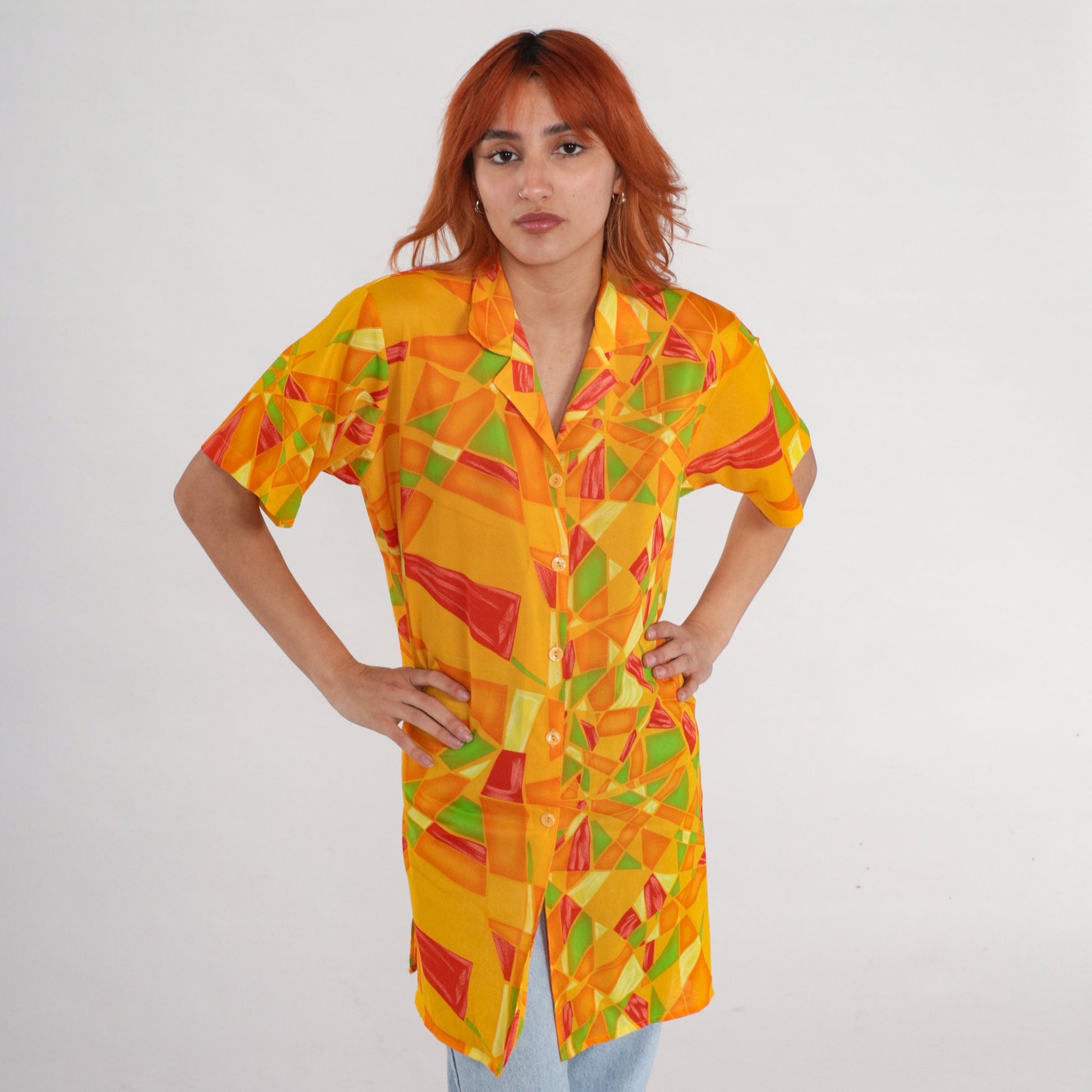 90s Yellow Geometric Mosaic Button Up Shirt Short Sleeve Blouse Extra Large