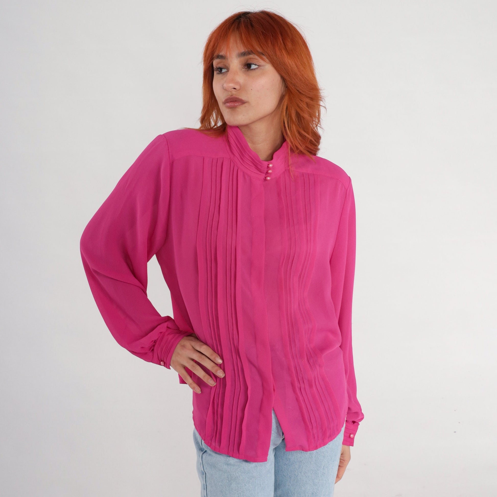 80s Fuchsia Chiffon Blouse Long Sleeve Pleated Button Up Medium Large