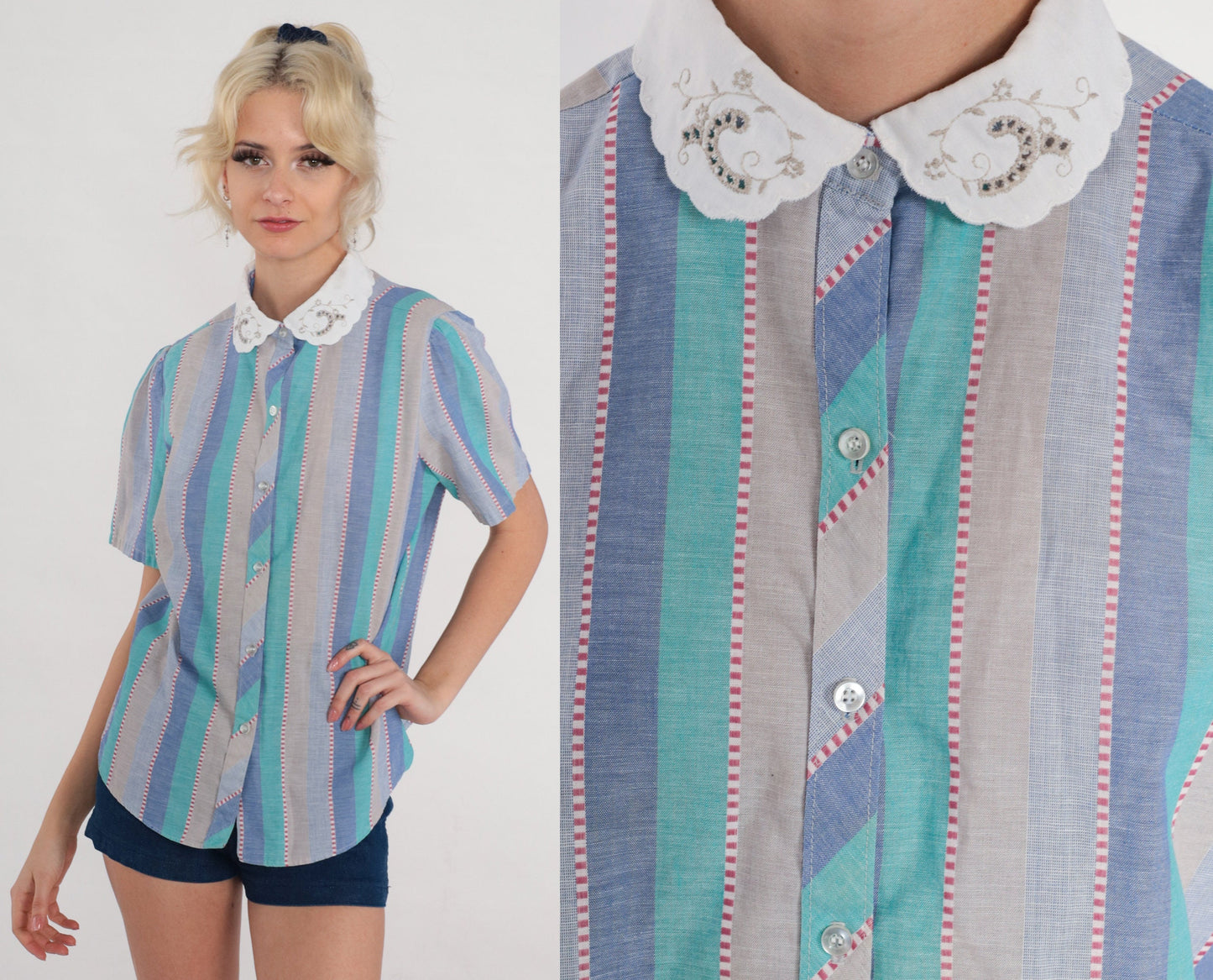 80s Striped Blouse Lace Collar Puff Sleeve Button Up Floral Embroidered Blue Green Medium