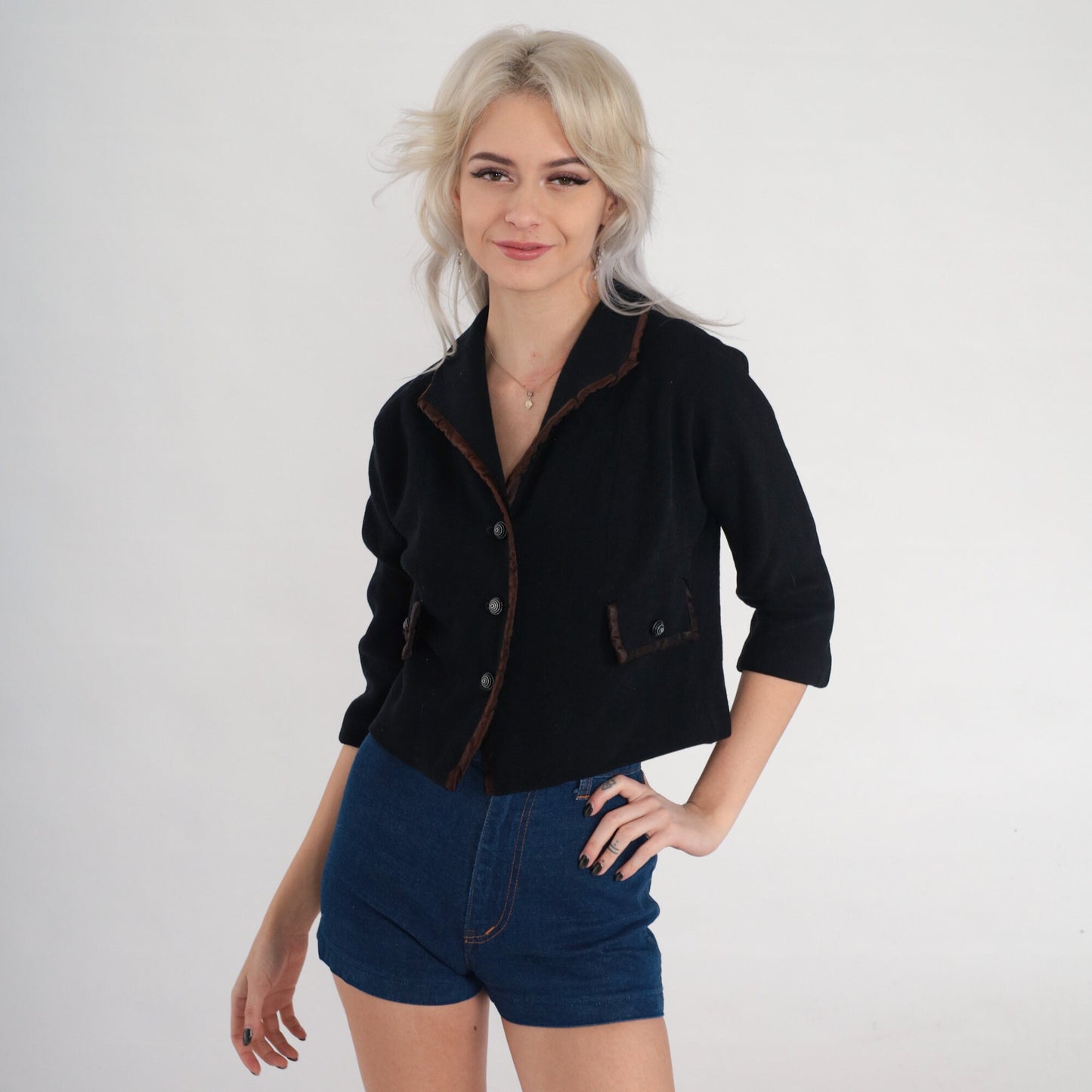 60s R & K Knits Black Wool Blend Blazer Brown Trim Cropped 3/4 Sleeve Extra Small