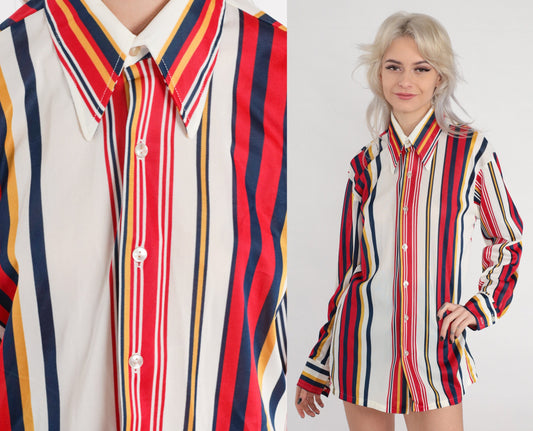 70s Striped Dagger Collar Button-Up Shirt White Red Yellow Blue Medium