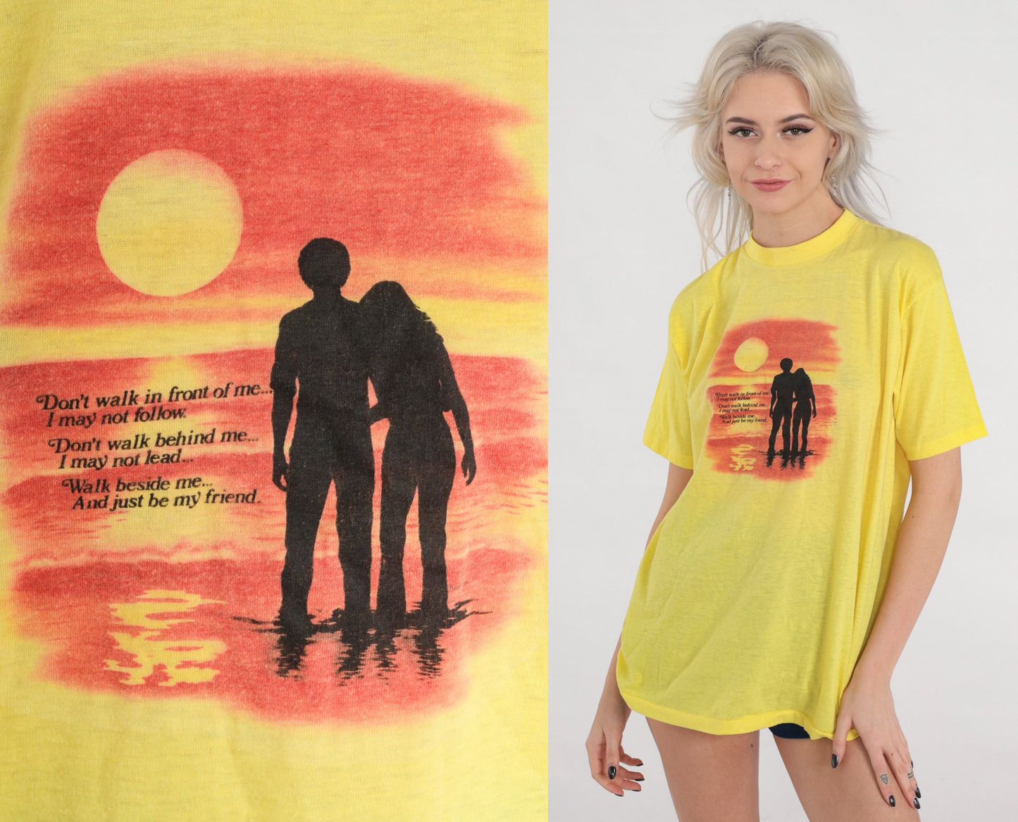 80s Albert Camus Quote Friendship T-Shirt Yellow Graphic Single Stitch Extra Large