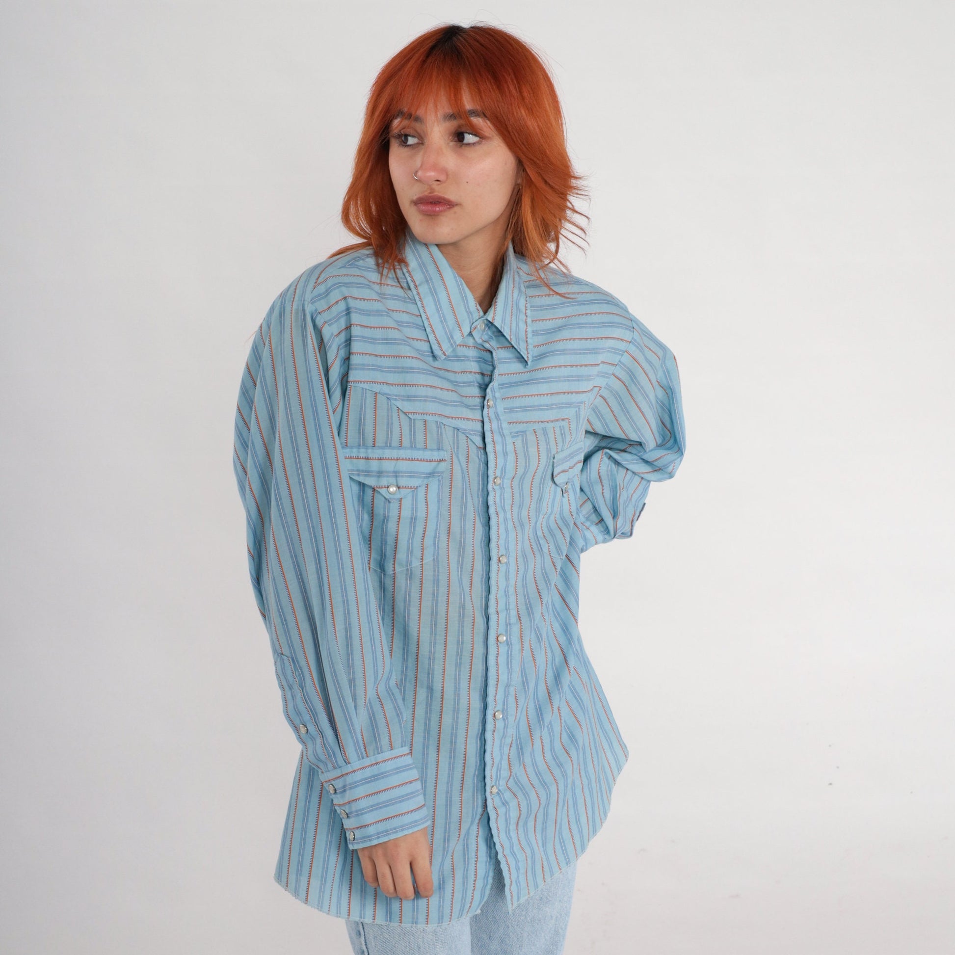 80s Western Pearl Snap Shirt Blue Striped Long Sleeve Men's 17-33