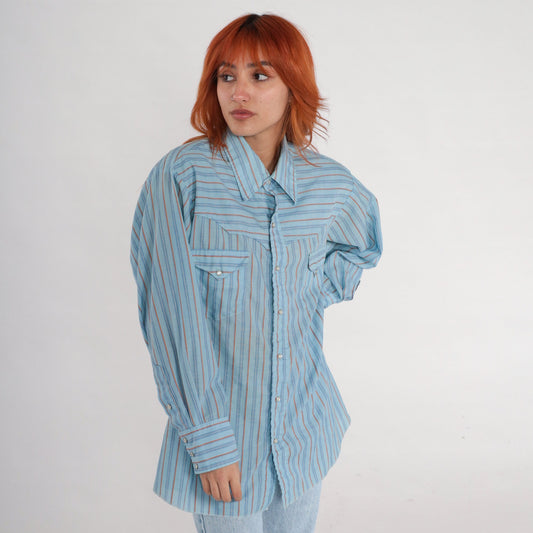80s Western Pearl Snap Shirt Blue Striped Long Sleeve Men's 17-33