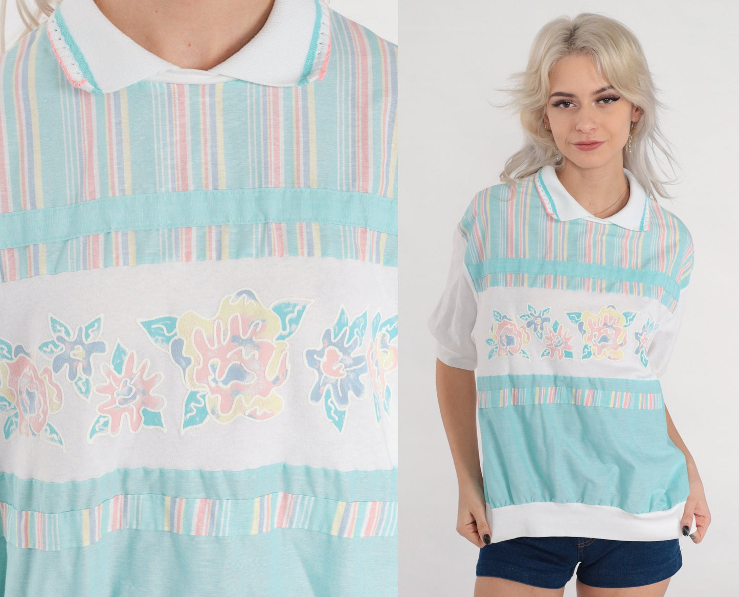 80s Floral Striped Polo Shirt White Collared Short Sleeve Medium