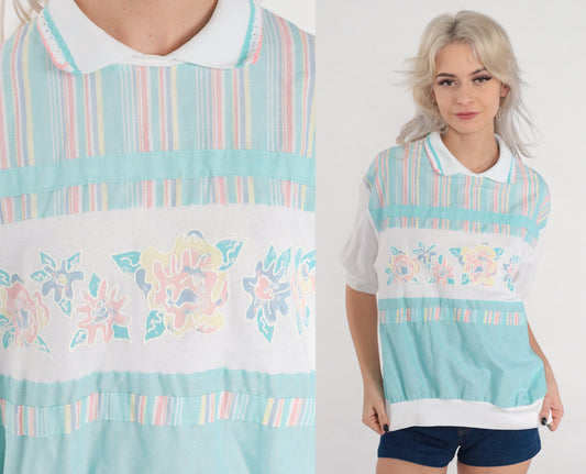 80s Floral Striped Polo Shirt White Collared Short Sleeve Medium