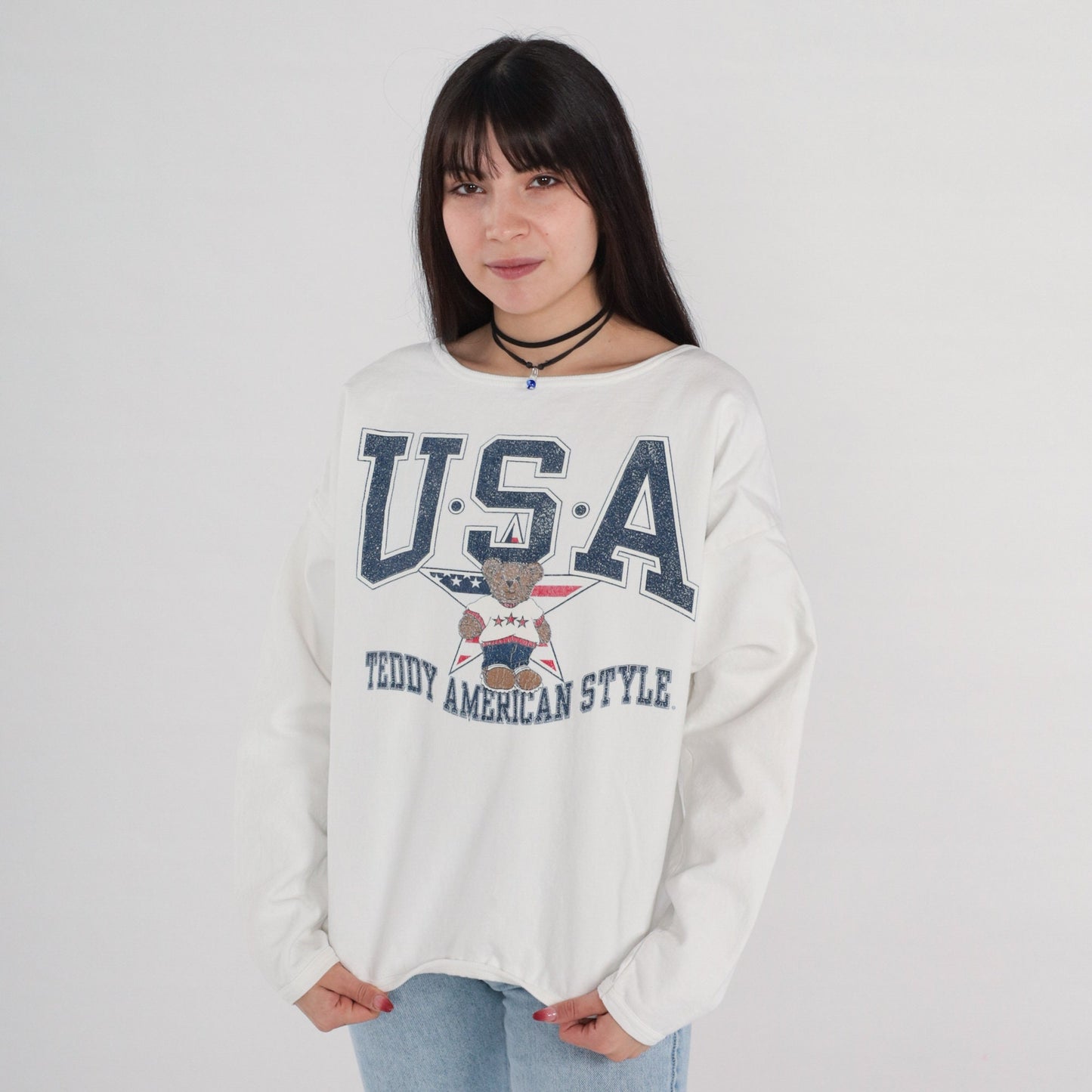 90s Teddy Bear USA Graphic Sweatshirt Cotton Crewneck White Medium Large