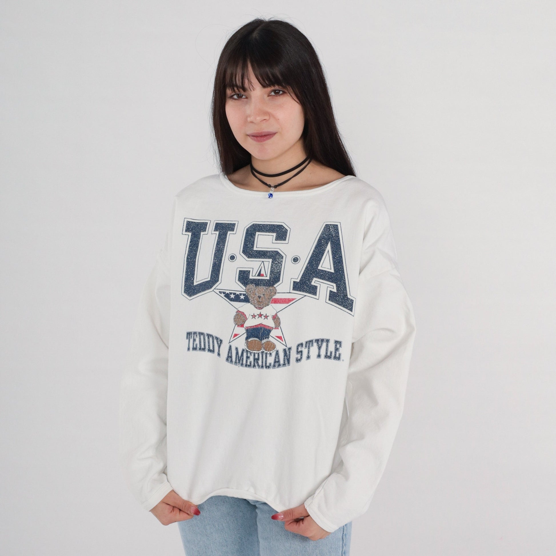 90s Teddy Bear USA Graphic Sweatshirt Cotton Crewneck White Medium Large
