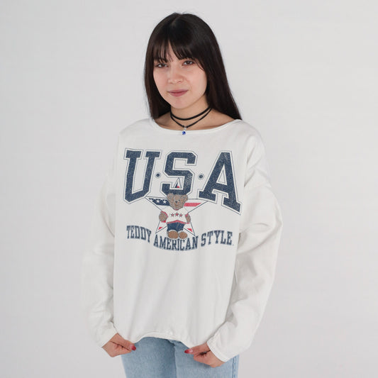90s Teddy Bear USA Graphic Sweatshirt Cotton Crewneck White Medium Large