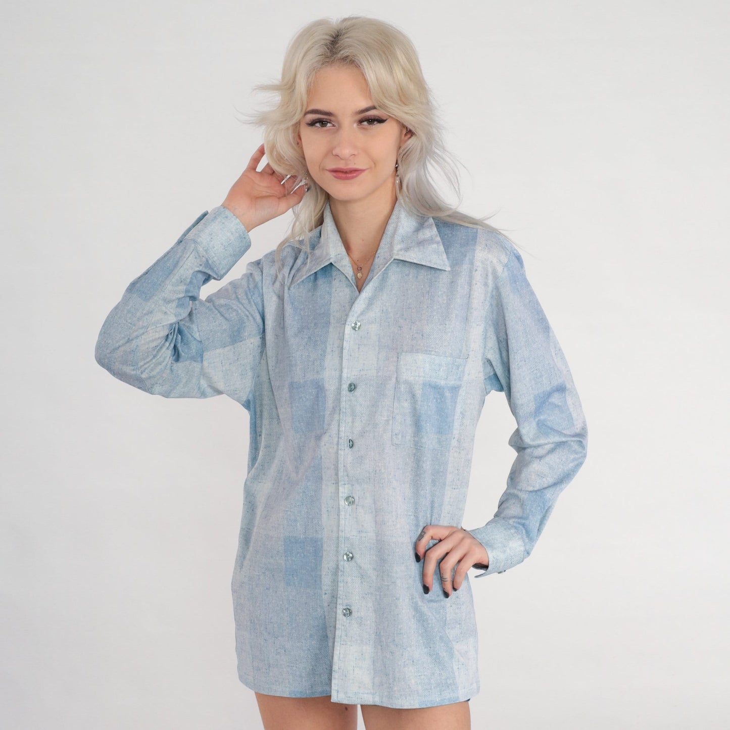 70s Joel Light Blue Checkered Button-Up Shirt Long Sleeve Collared Medium