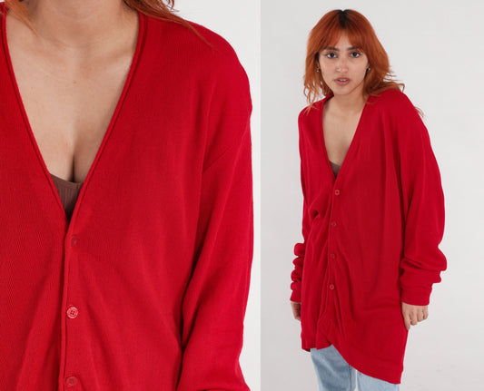 80s Red Cardigan V-Neck Knit Button-Up Sweater Extra Large XL