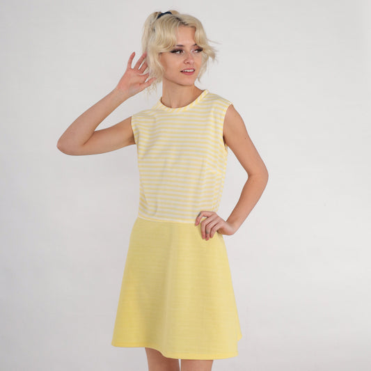 70s Yellow & White Striped Shift Mini Dress Sleeveless Medium