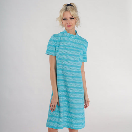 60s Mod Blue Striped Bubble Print Shift Dress Mock Neck Knee Length Small