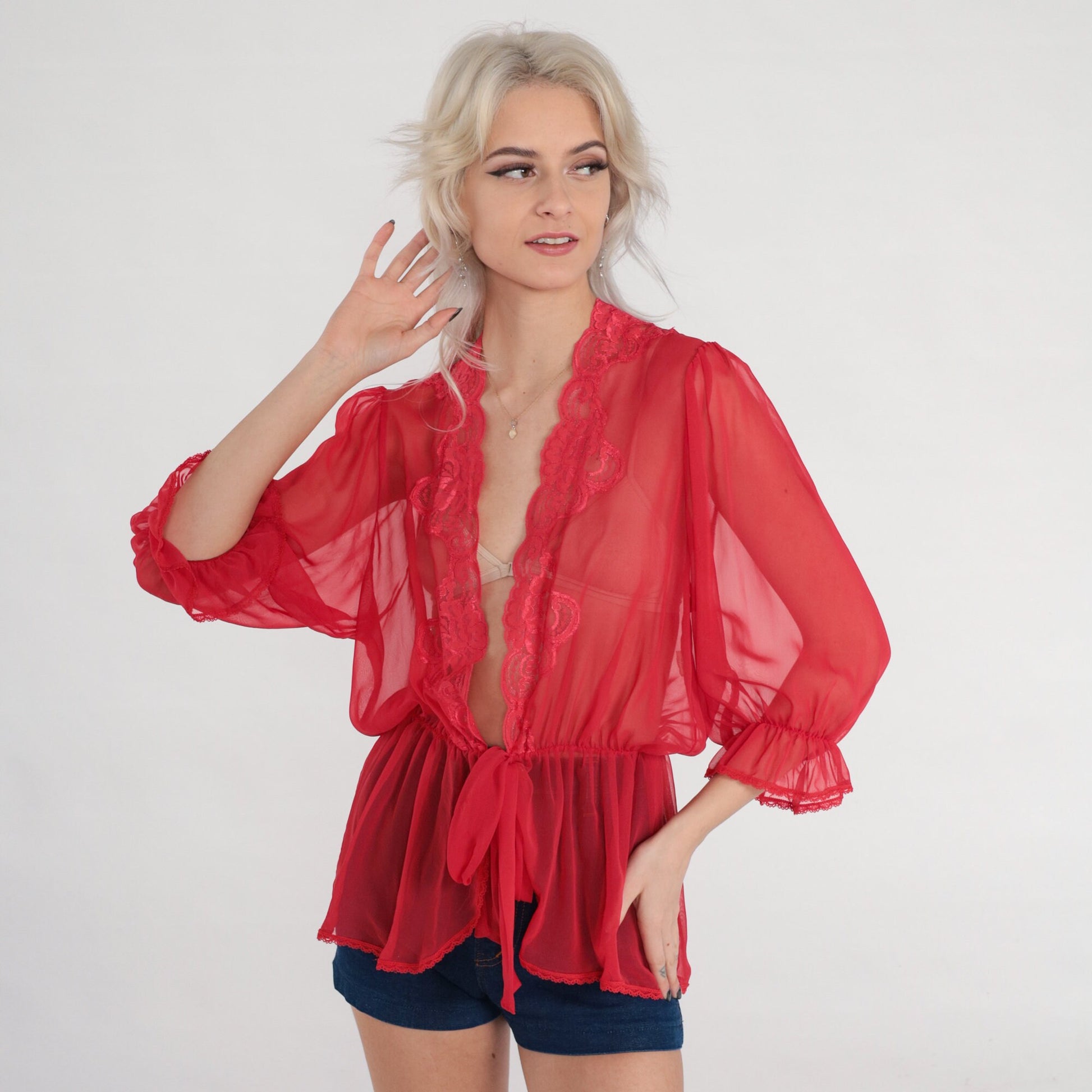 70s Red Sheer Bed Jacket Lace Trim Tie Front 3/4 Sleeve Small