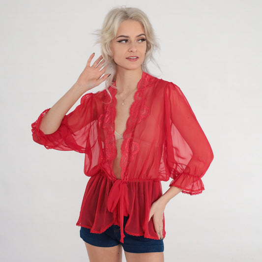 70s Red Sheer Bed Jacket Lace Trim Tie Front 3/4 Sleeve Small
