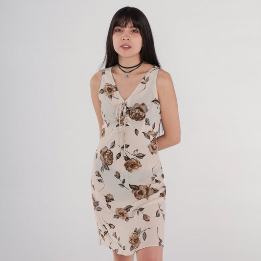 90s Floral Babydoll Dress Beige Empire Waist Lace-Up Mini Sleeveless Small