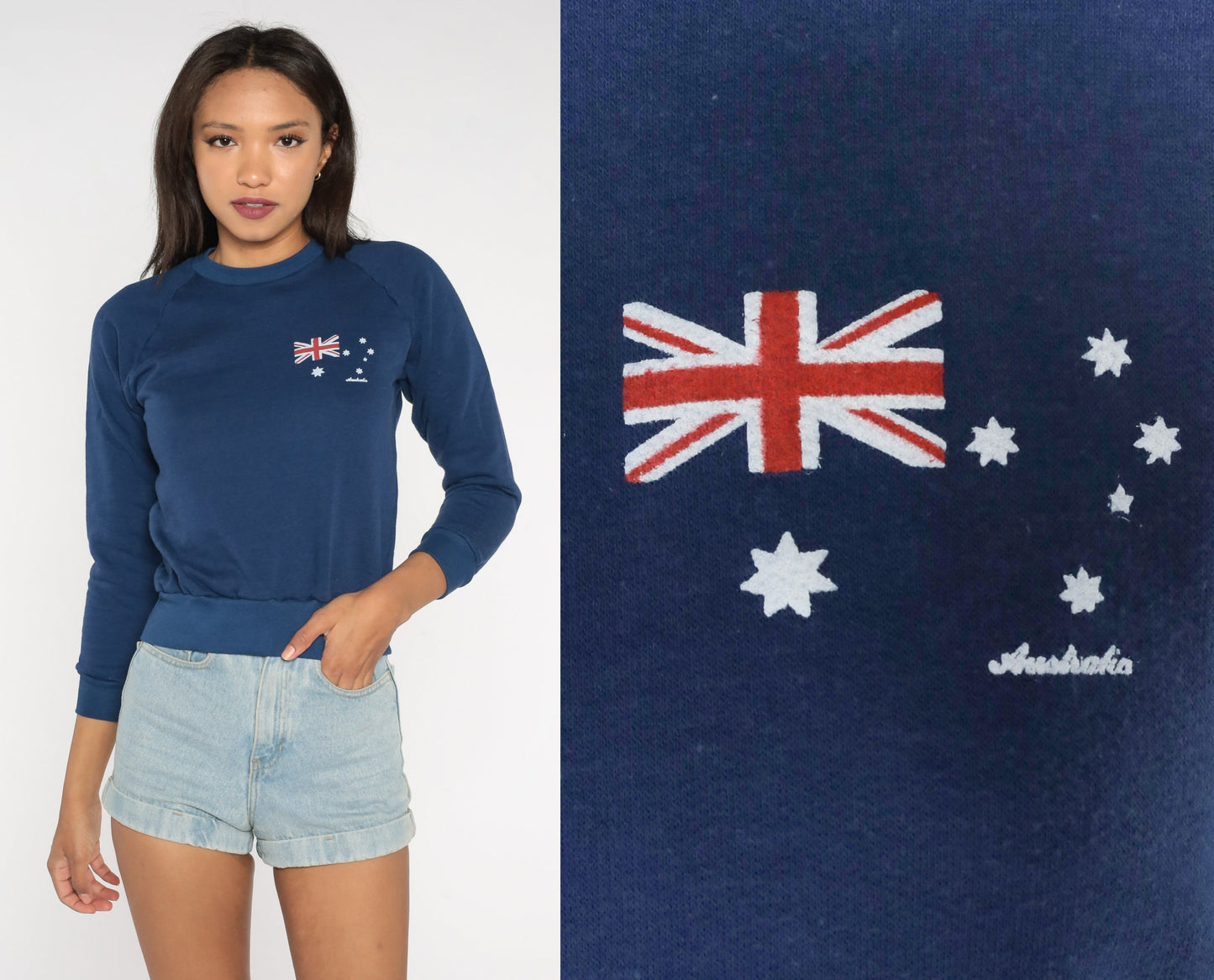 80s Australian Flag Sweatshirt Dark Blue Raglan Graphic Pullover Extra Small