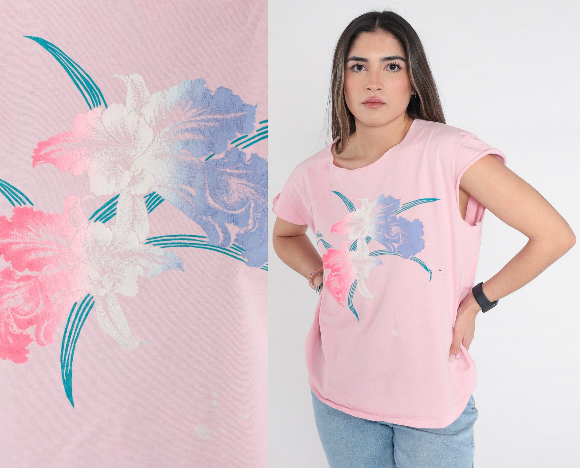 90s Maui Flower Graphic T-Shirt Pink Floral Hawaii Tee Medium Large