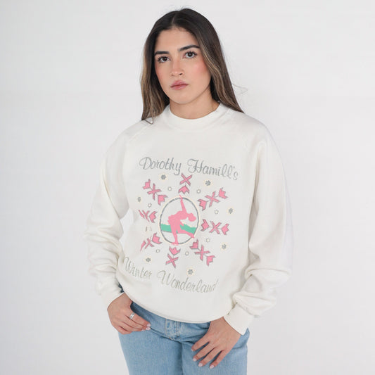 90s Dorothy Hammill's Winter Wonderland Figure Skater Sweatshirt White Glitter Raglan Medium