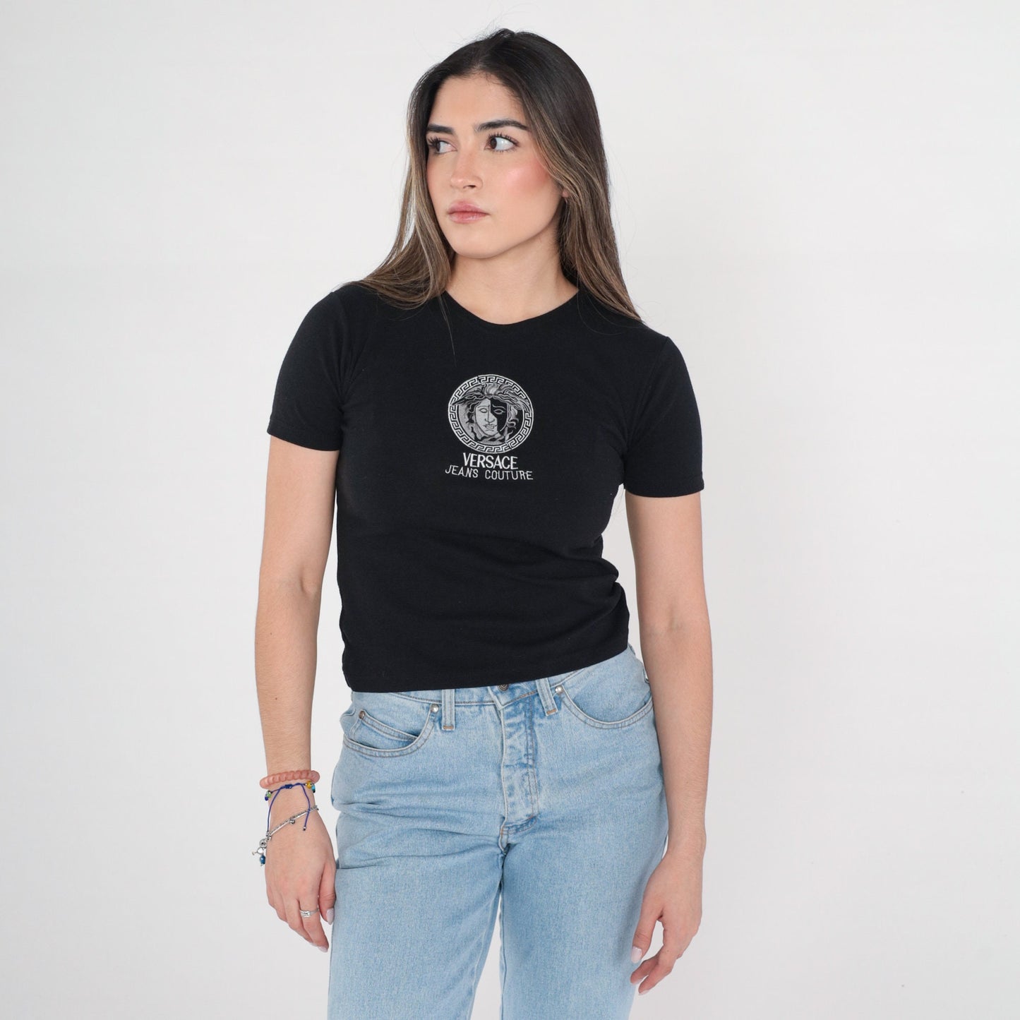 90s Versace Jeans Couture Embroidered Logo T-Shirt Black Extra Small XS