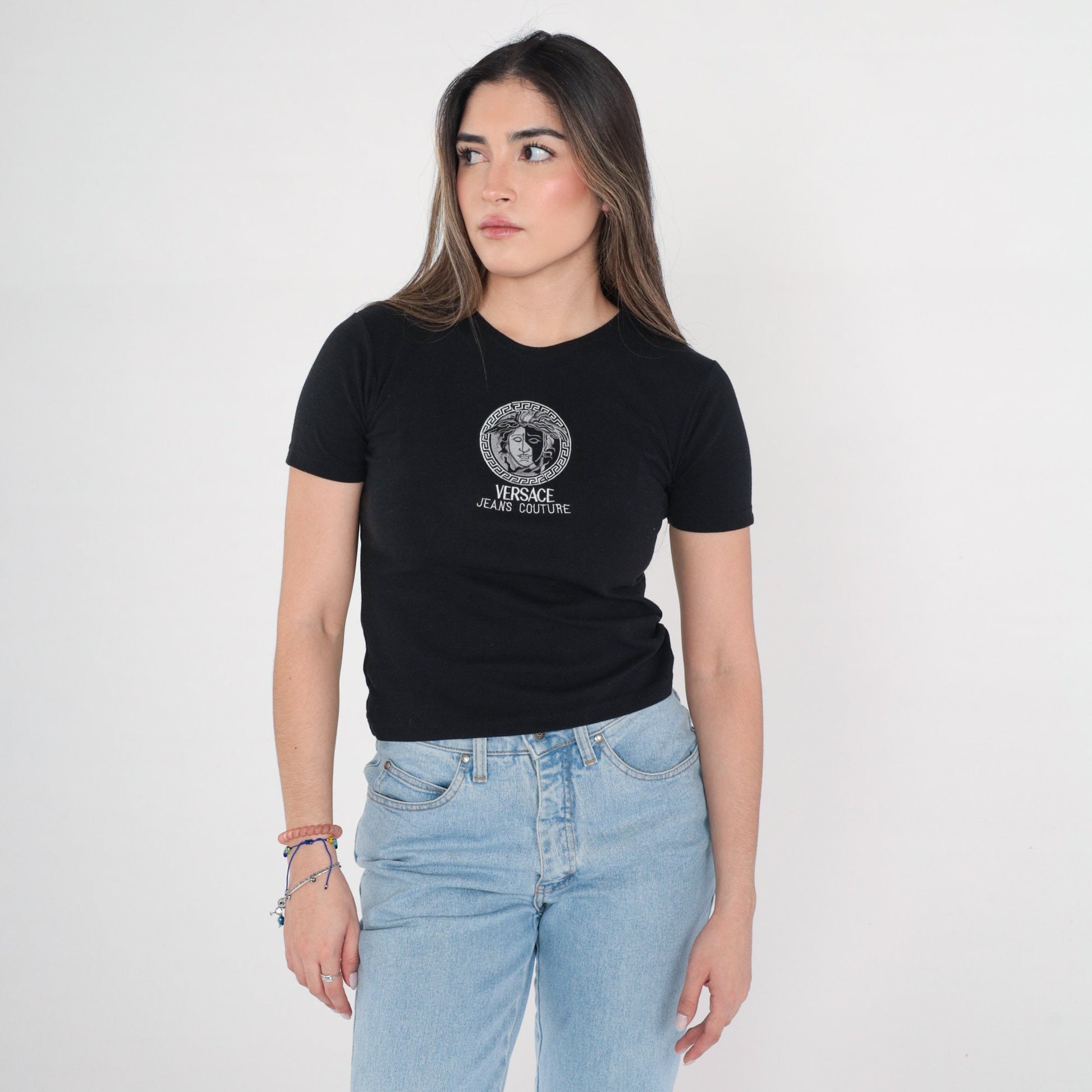 90s Versace Jeans Couture Embroidered Logo T-Shirt Black Extra Small XS