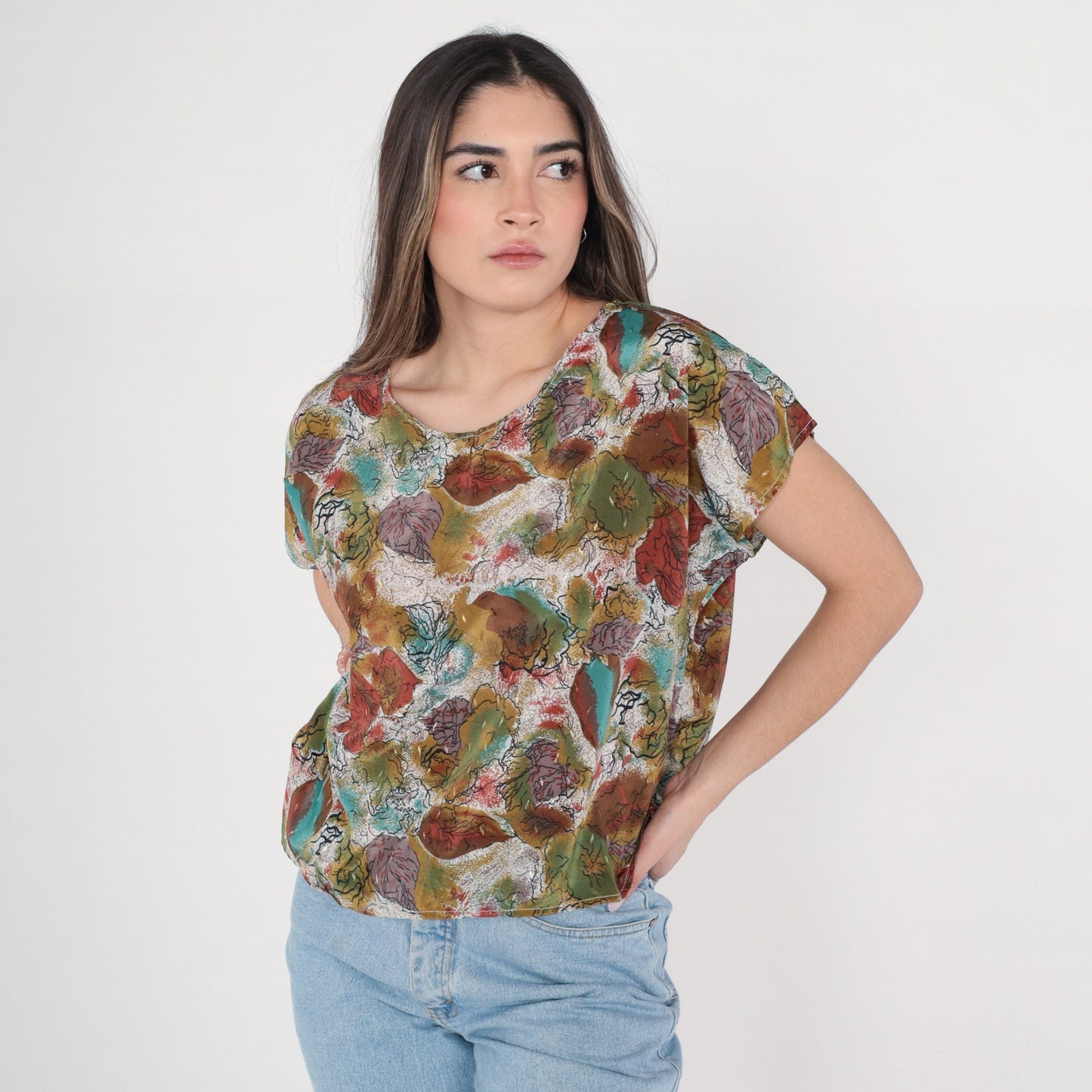 90s Abstract Floral Shirt Cap Sleeve Blouse Olive Green White Brown Medium Large