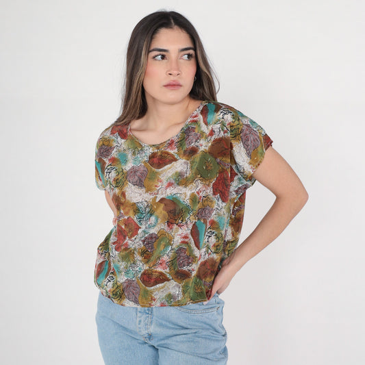 90s Abstract Floral Shirt Cap Sleeve Blouse Olive Green White Brown Medium Large