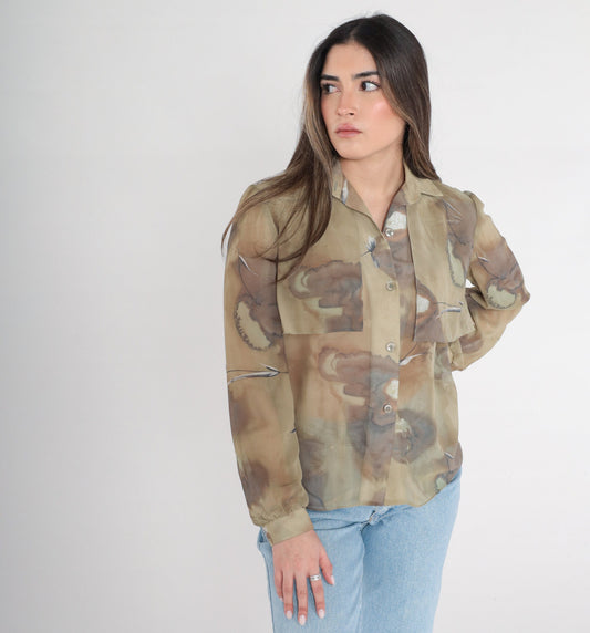 90s Olive Green Abstract Watercolor Glitter Button-Up Blouse Long Sleeve Medium