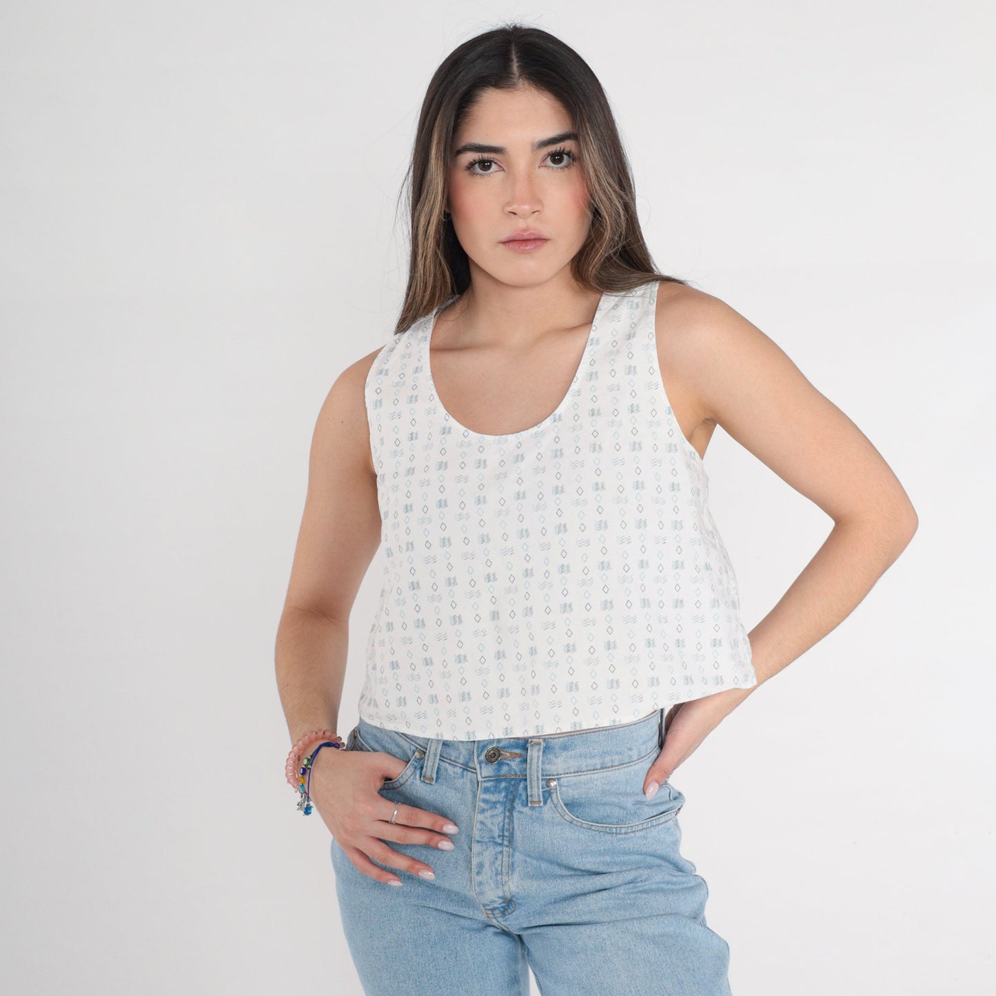 90s White Crop Tank Top Racerback Diamond Zigzag Print Small