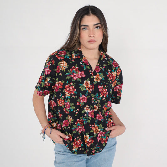 90s Black Tropical Floral Button-Up Shirt Short Sleeve Medium M