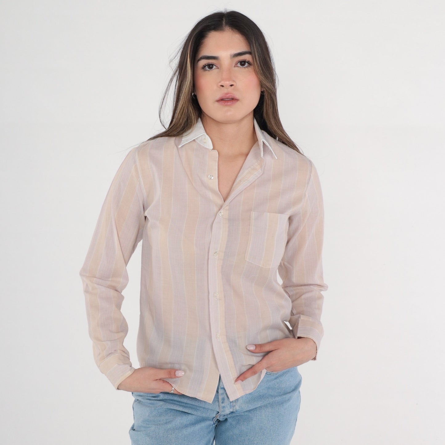 80s Striped Button-Up Shirt Tan Pink Long Sleeve Collared Extra Small