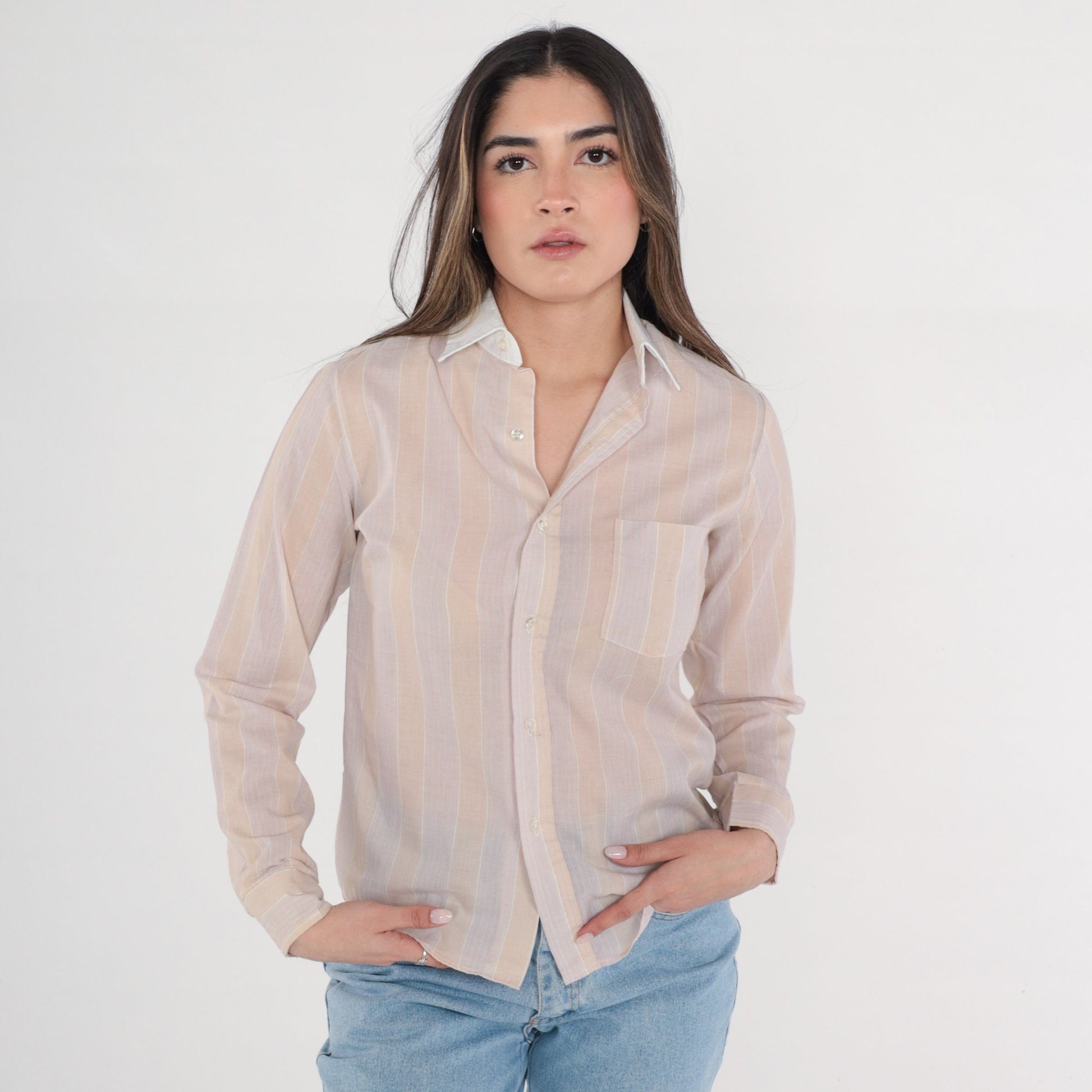 80s Striped Button-Up Shirt Tan Pink Long Sleeve Collared Extra Small