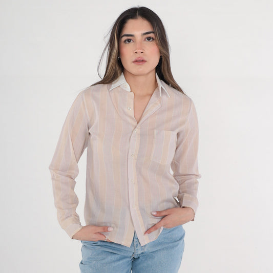 80s Striped Button-Up Shirt Tan Pink Long Sleeve Collared Extra Small