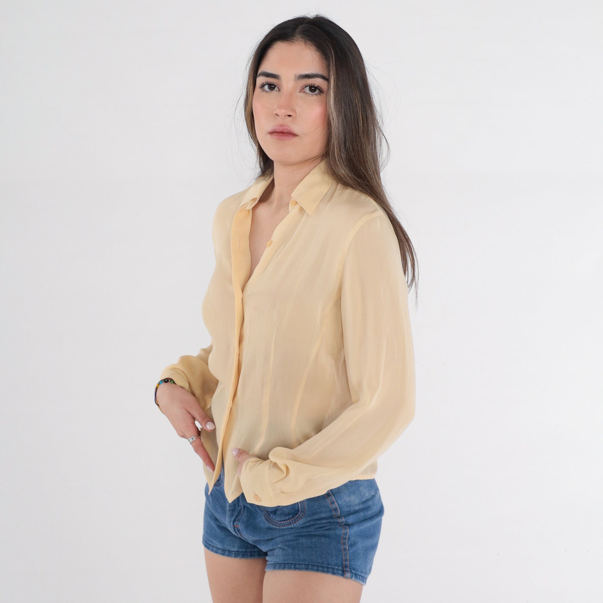 00s Pale Yellow Button-Up Blouse Balloon Sleeve Collared Shirt Medium M