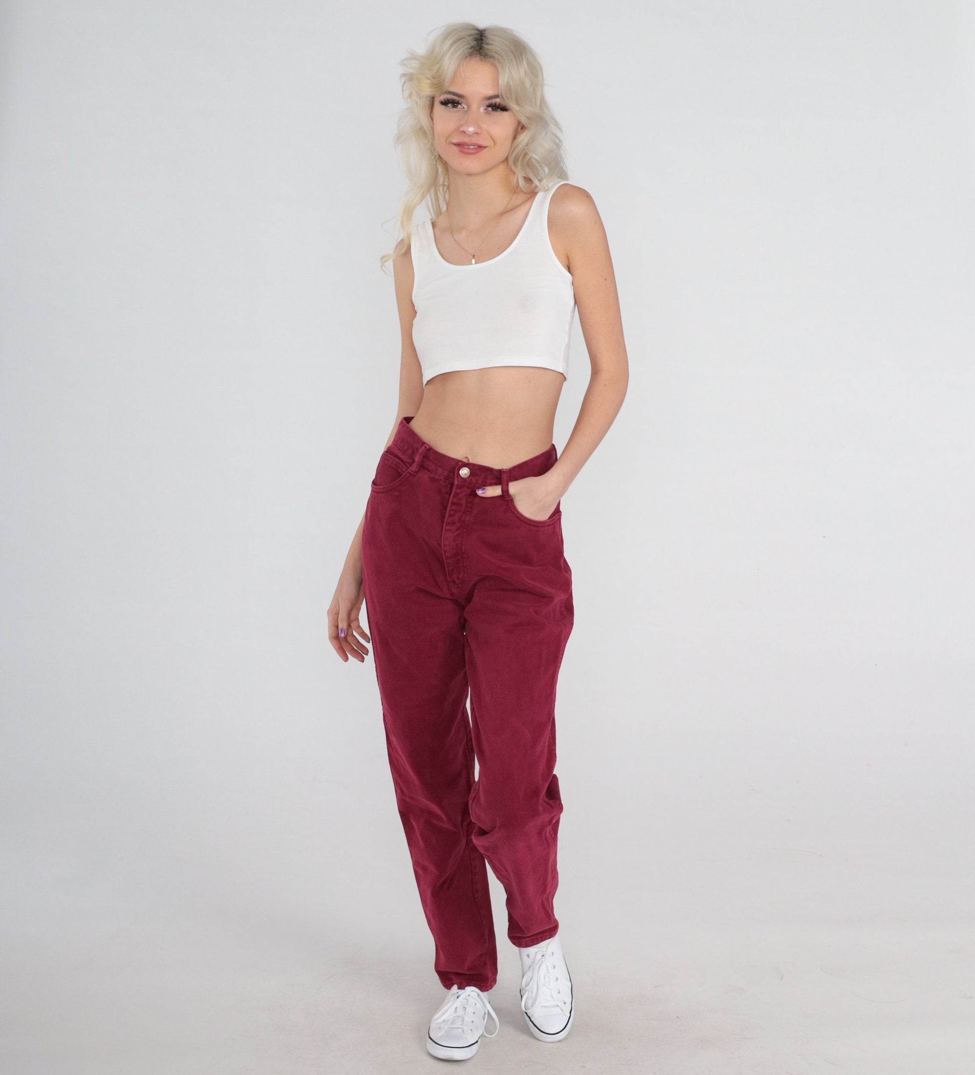 90s Bill Blass High Waist Tapered Mom Jeans Burgundy Denim Small S