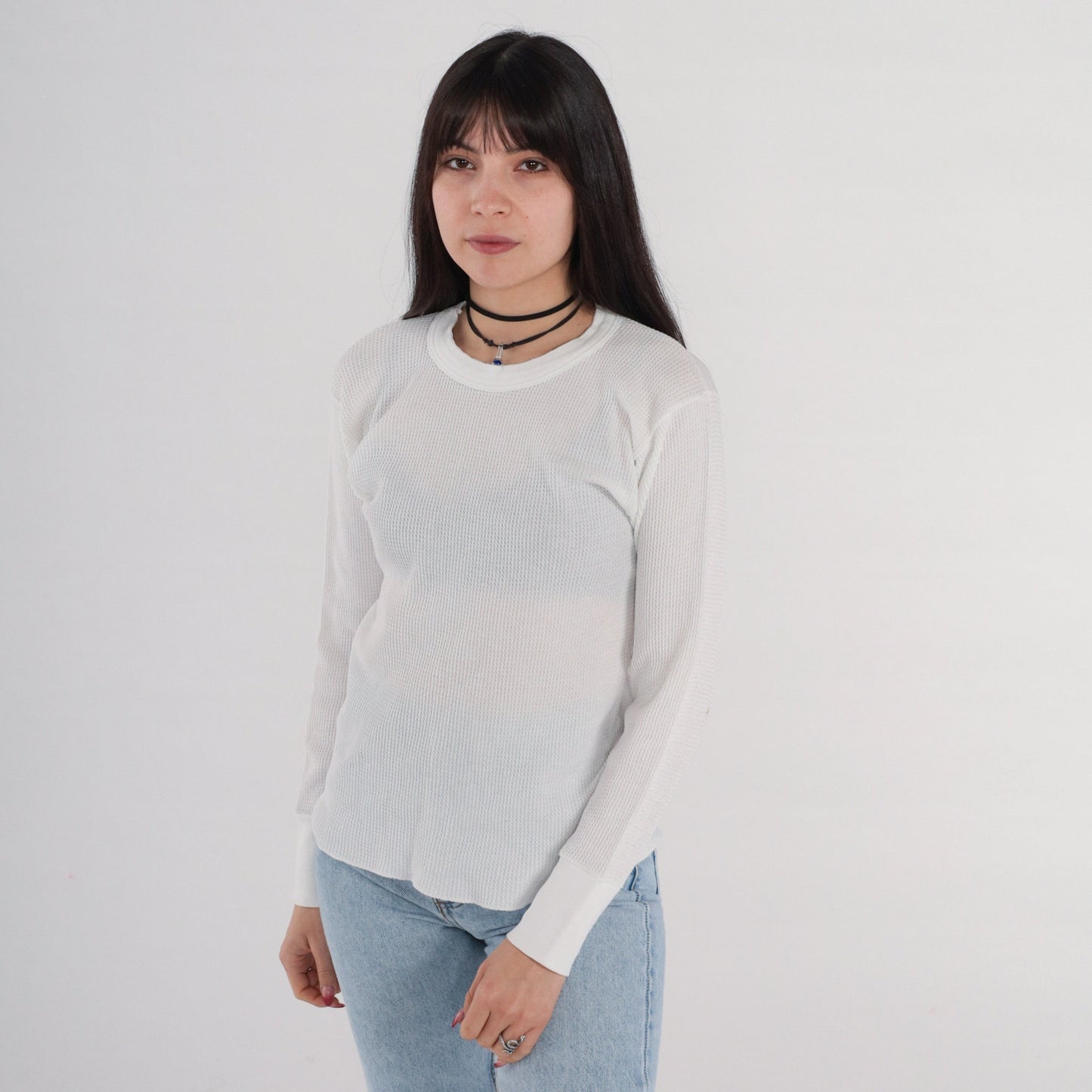 90s Hanes Thermal Shirt White Waffle Knit Long Sleeve Medium