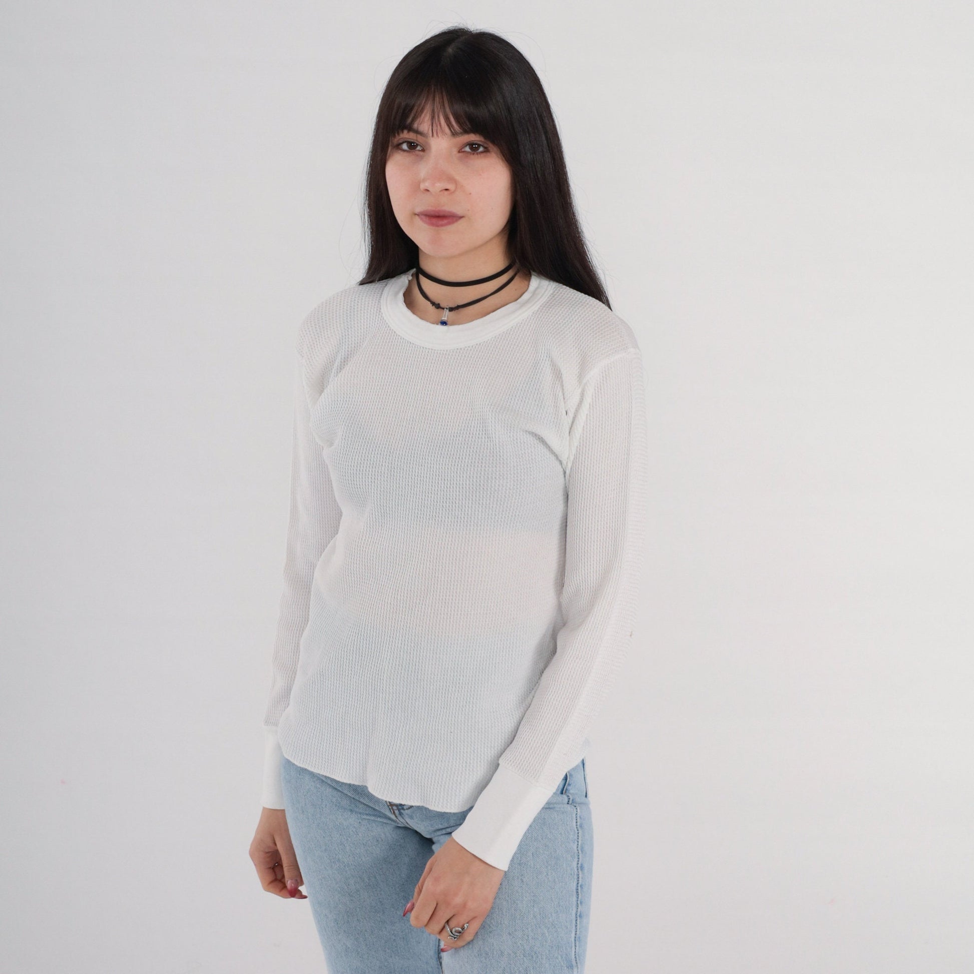 90s Hanes Thermal Shirt White Waffle Knit Long Sleeve Medium