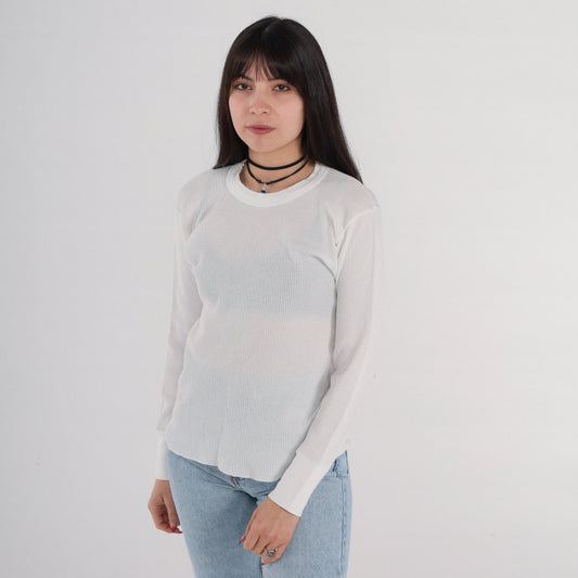 90s Hanes Thermal Shirt White Waffle Knit Long Sleeve Medium