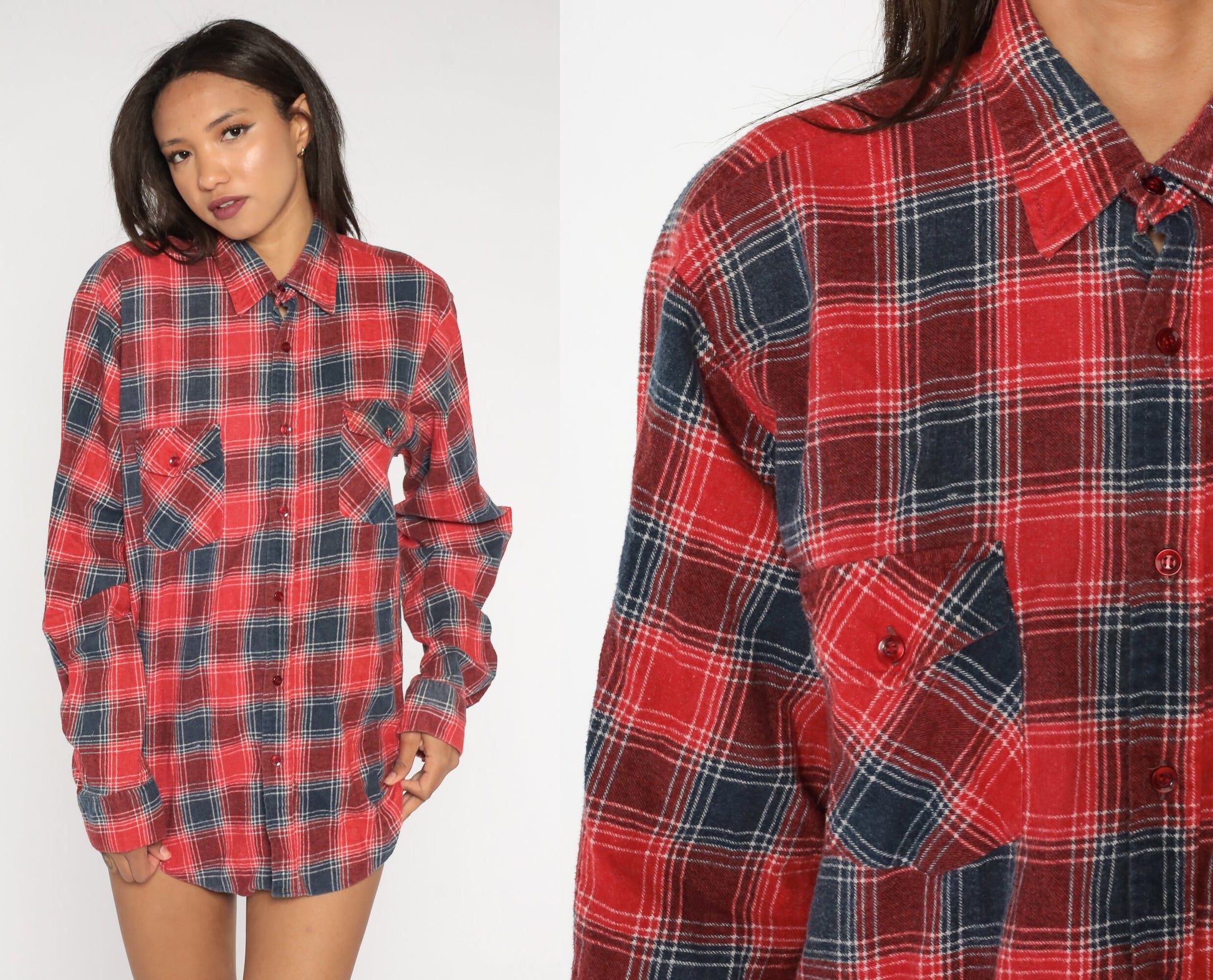 90s Red Blue Plaid Flannel Shirt Cotton Long Sleeve Button Up Large