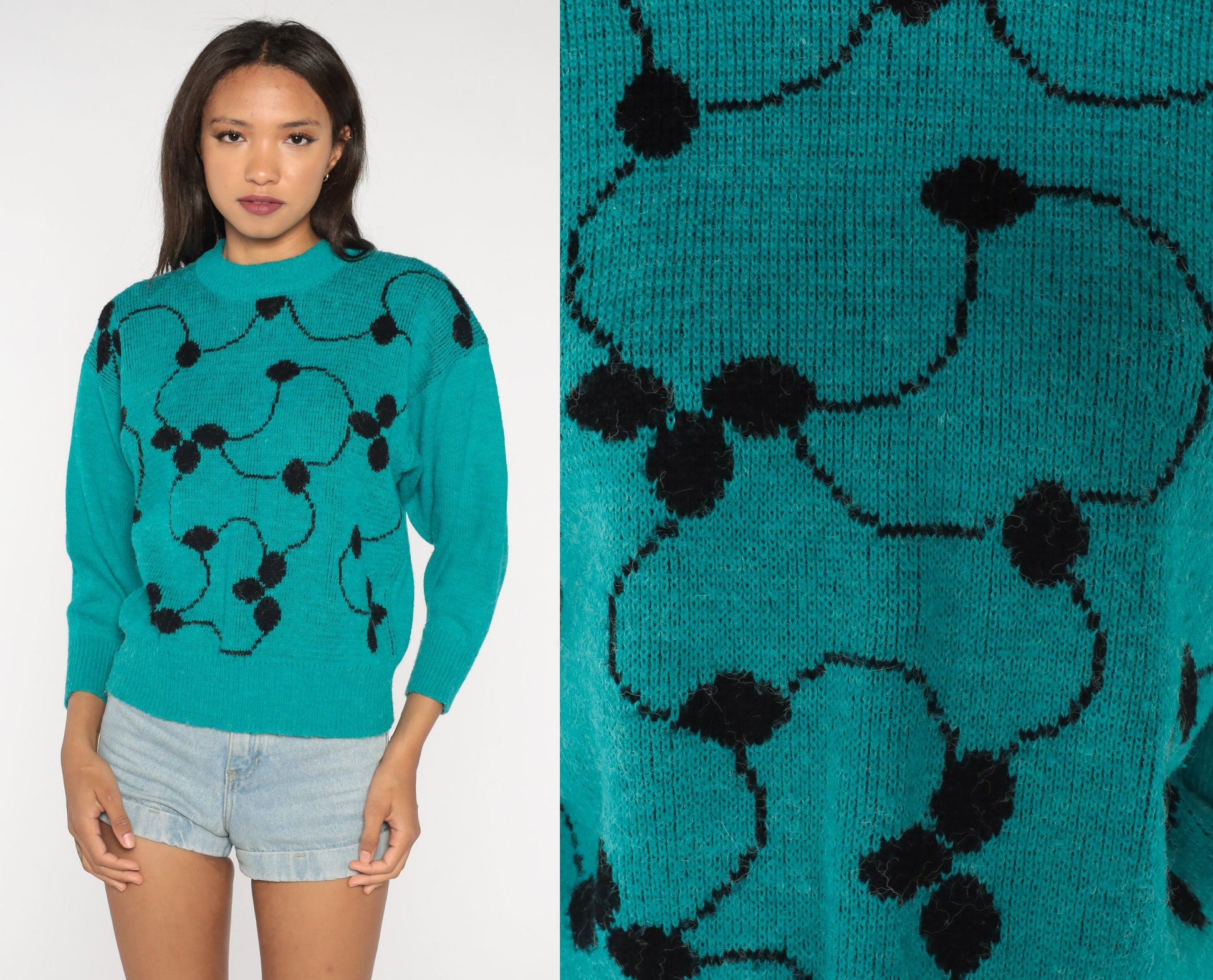 80s Abstract Vine Knit Sweater Teal Green Pullover Jumper Small S