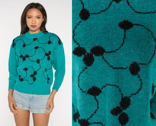 80s Abstract Vine Knit Sweater Teal Green Pullover Jumper Small S