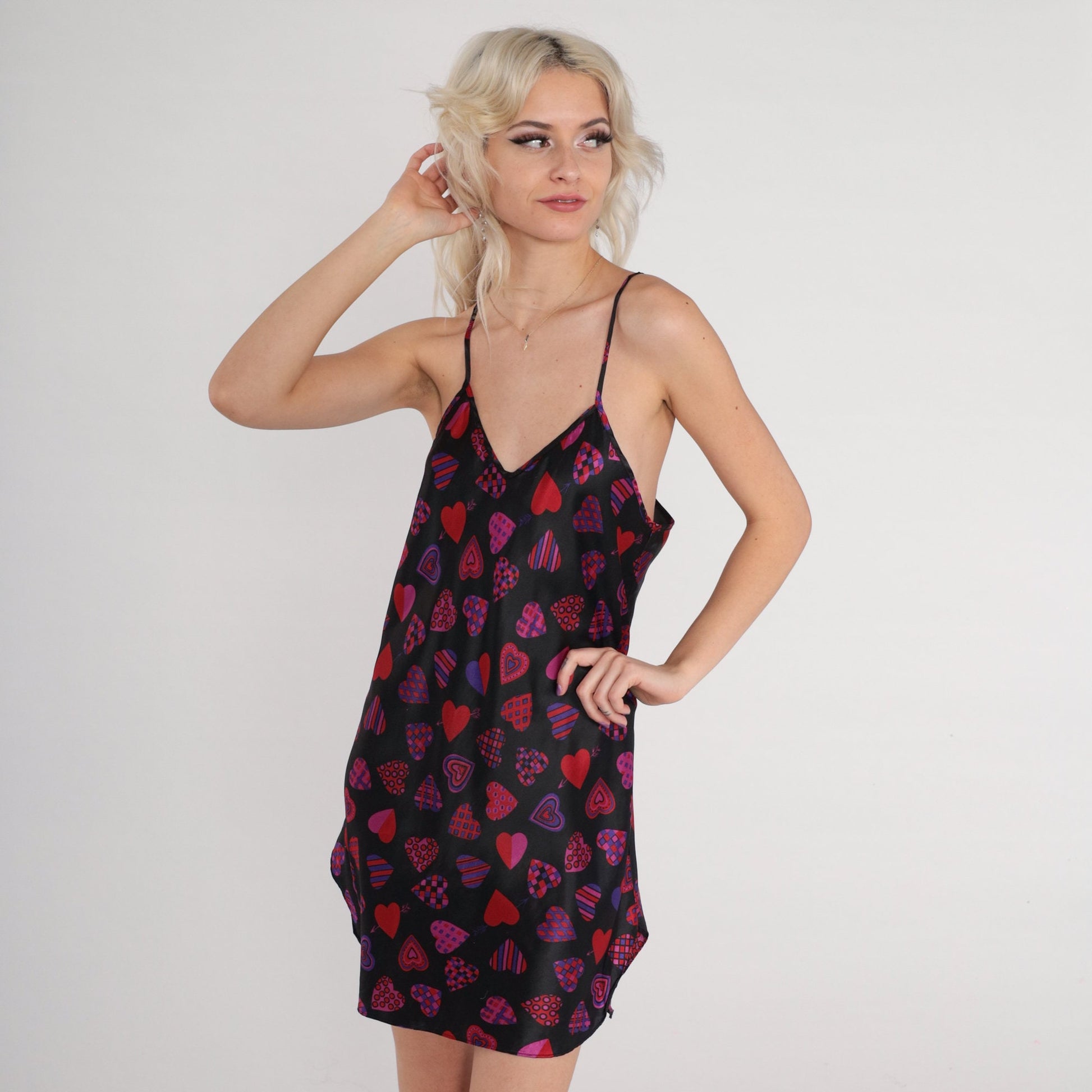 00s Heart Print Black Slip Dress Mini Spaghetti Strap Side Slit Small