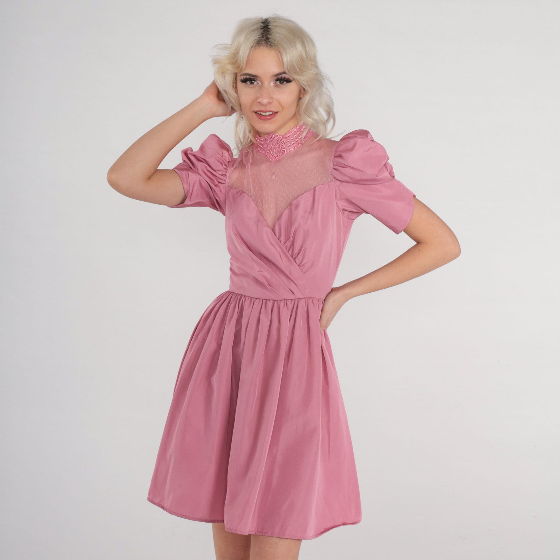 70s Pink Mini Dress Puff Sleeve Sweetheart Neckline Lace Illusion XXS
