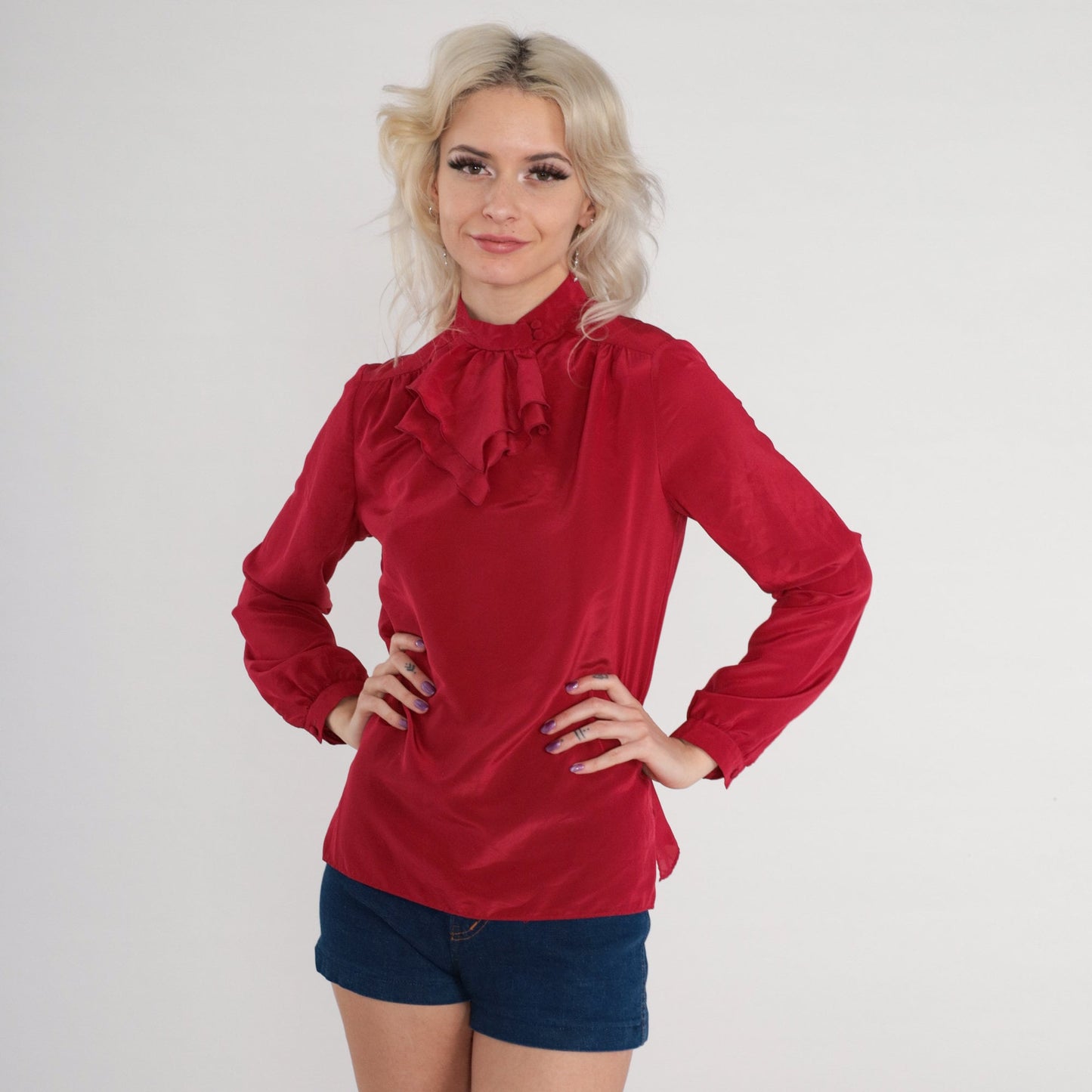70s Red Ruffle Jabot Collar Blouse Long Sleeve Polyester Small