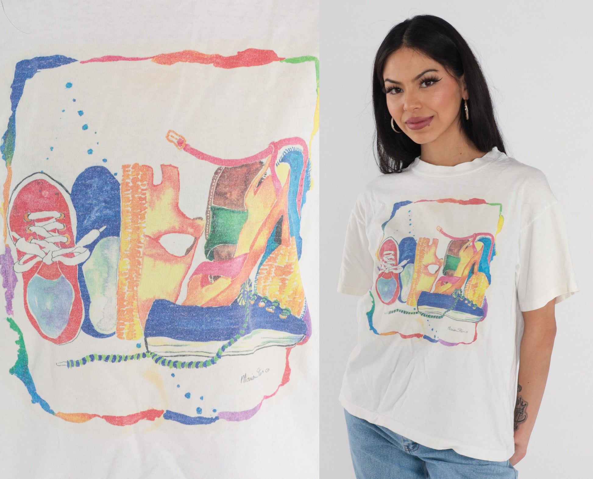 90s Shoe Graphic T-Shirt White Single Stitch Vintage Tee Medium