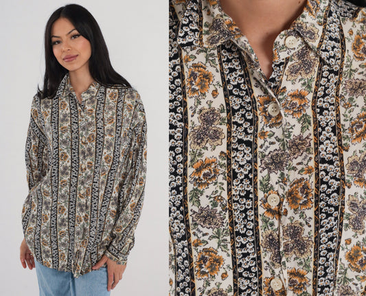 90s Krazy Kat Floral Button-Up Blouse Long Sleeve Collared Shirt Large L