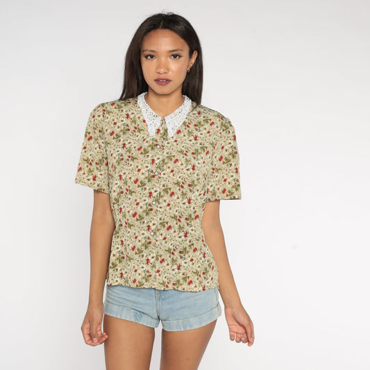 80s Floral Button-Up Blouse Lace Collar Green Red White Large